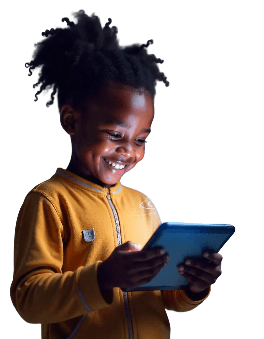 A joyful child learning on a tablet